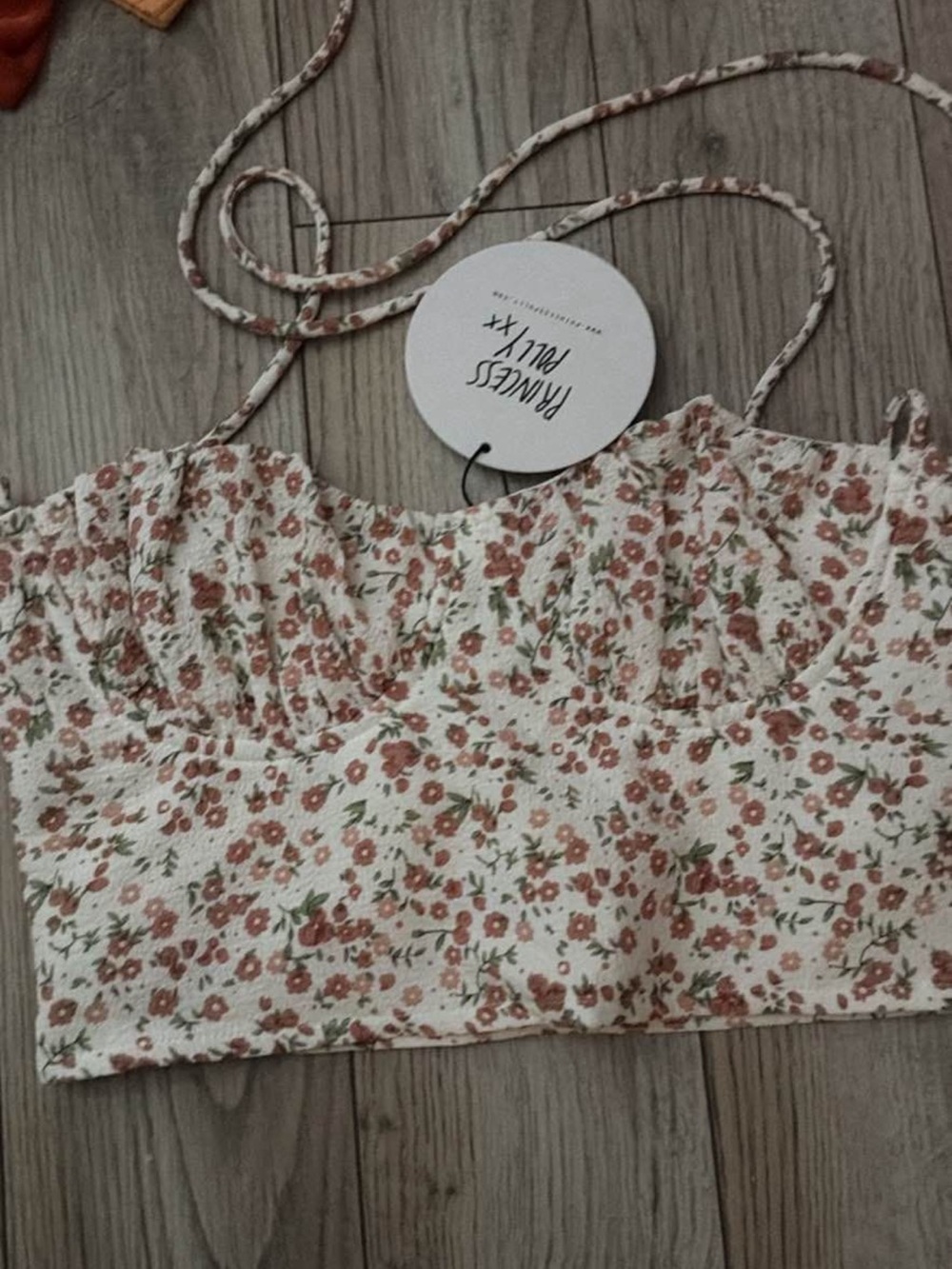 Princess PollyFloral Smocked Crop Top in White with Rust Floral Print